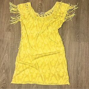 Y2K Vintage Havana Bright Yellow Fringe Women's Top Dress Size S Beach Festival‍